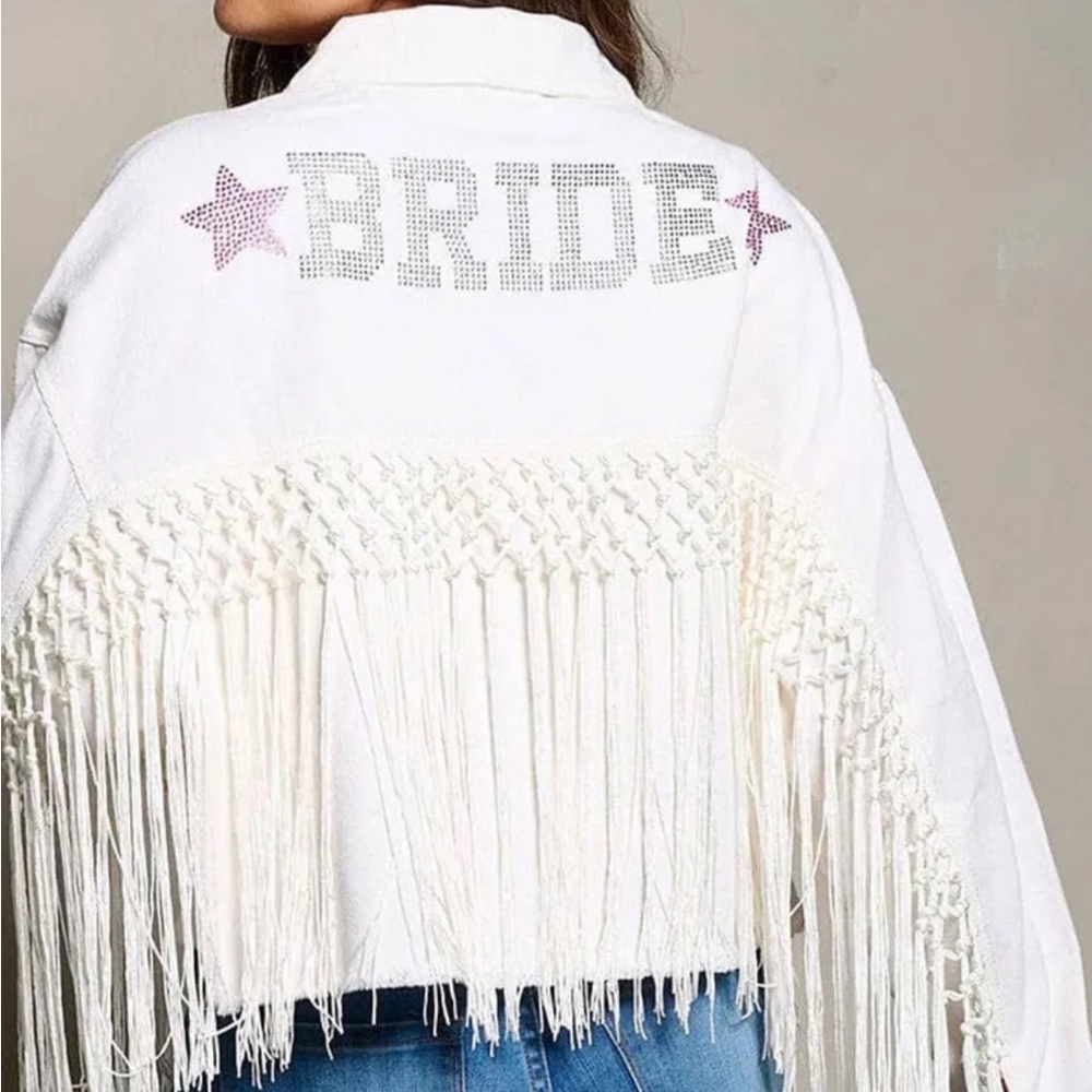 Peach Love California White 'BRIDE' Fringe Denim Jacket